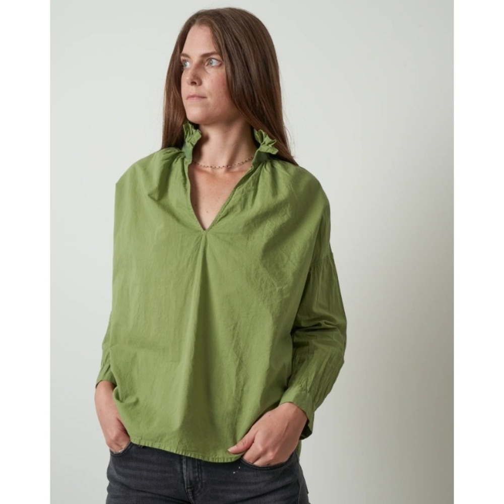 A Shirt Thing Penelope Cabo Shirt Olive Green Ruffle Neck Cotton Blouse Small